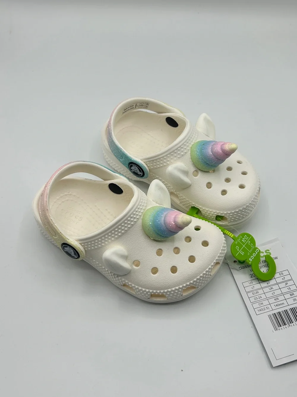 Crocs Kids White Unicorn Clog Sandals with Pastel Rainbow Horns
